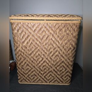 vintage brown wicker laundry hamper vinyl lid. Made in the USA, LAMONT